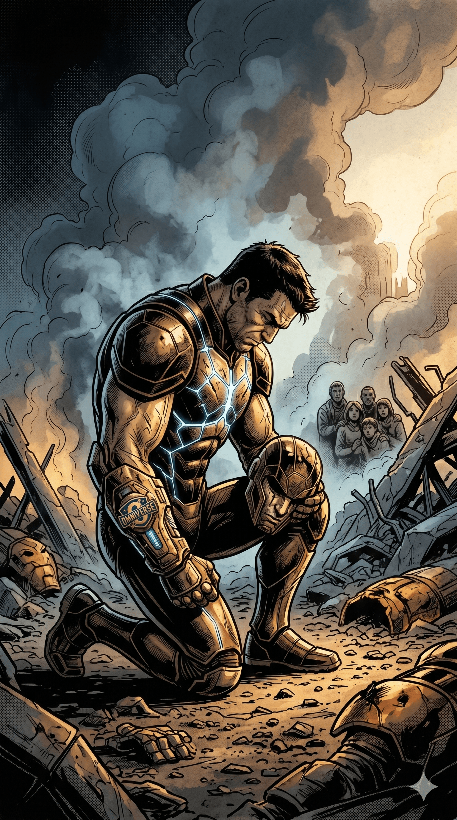 Axiom kneeling in the ruins of a destroyed city