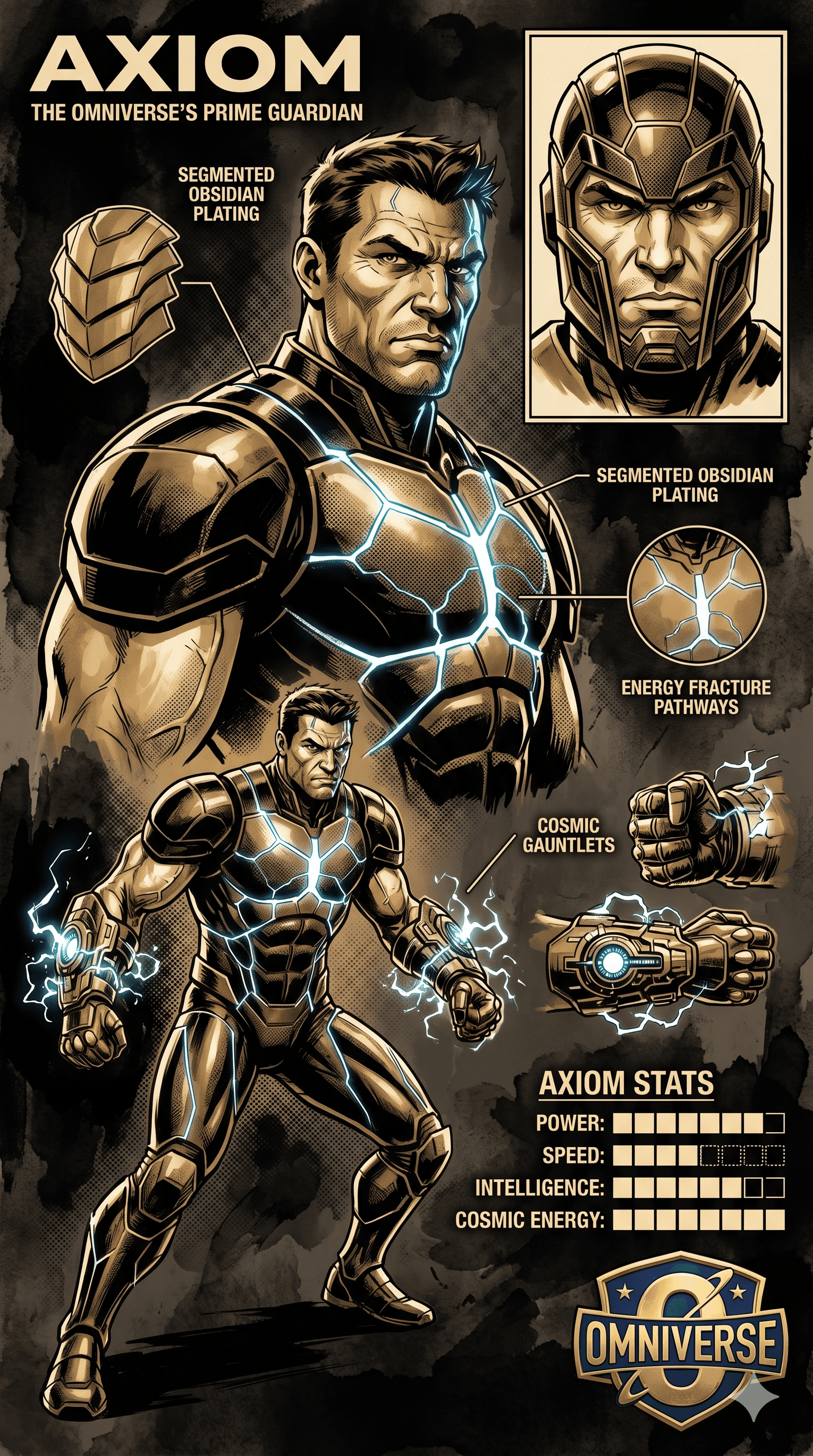 Axiom character reference sheet — The Omniverse's Prime Guardian