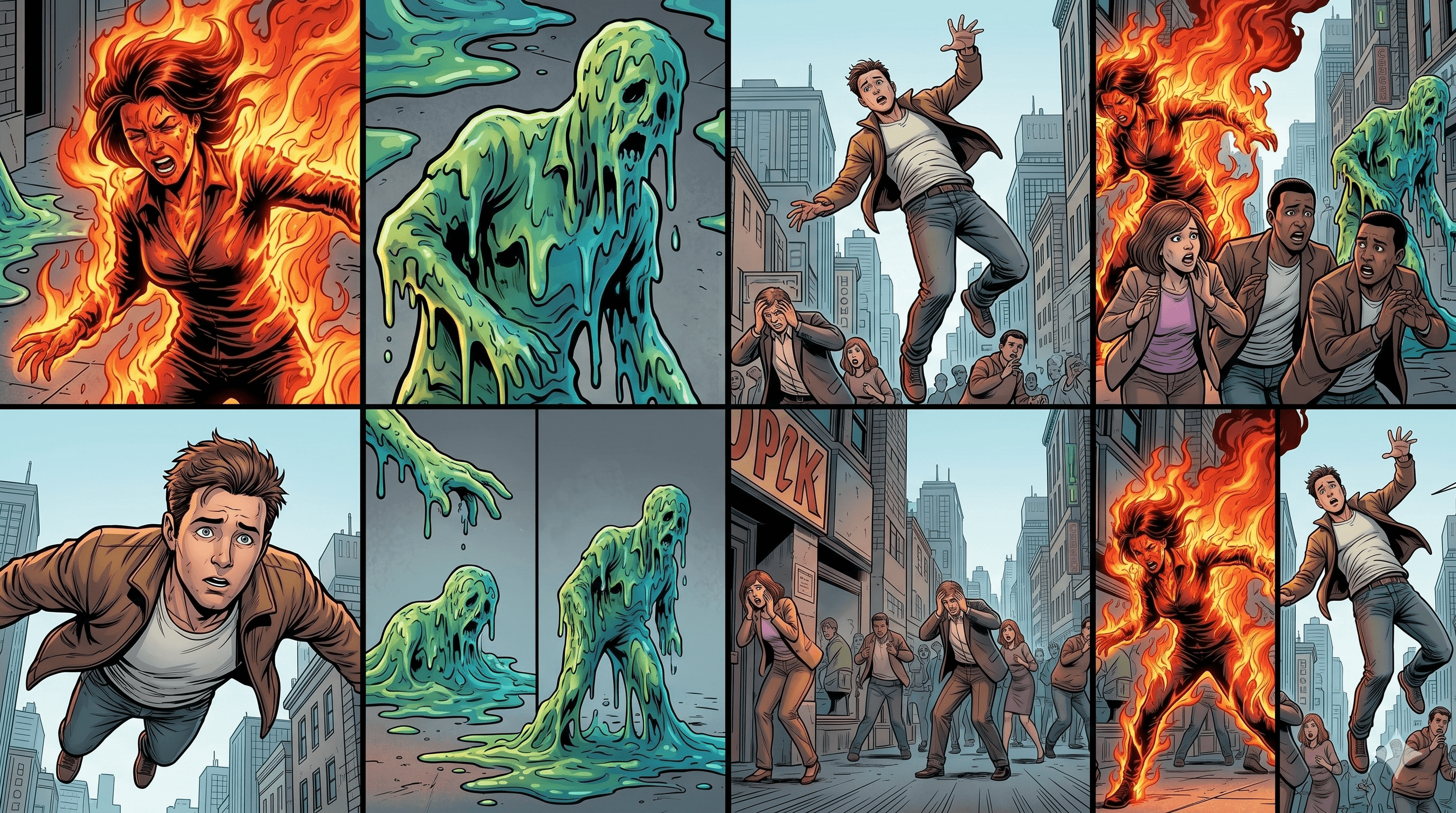 Comic panels: fire heroine, slime villain, and fleeing civilians